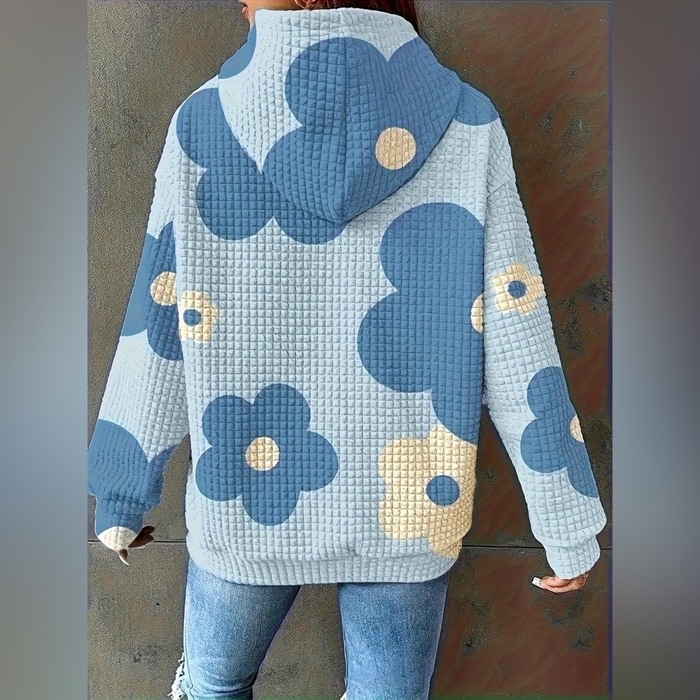 Floral Print Textured Drawstring Hoodie - Picture 5 of 11